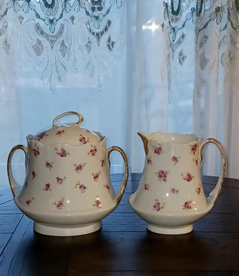 Antiguo azucarero y crema Jean Pouyat Limoges Francia rosa chintz dorado Foto 1 de 4