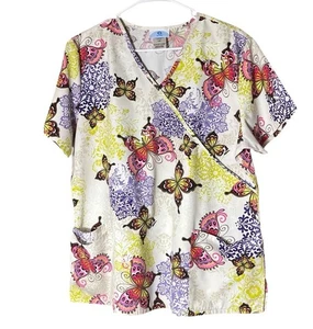 SB Scrubs Scrub Top Women’s Size Large Cotton Poly Blend Butterflies Pockets - Picture 1 of 6