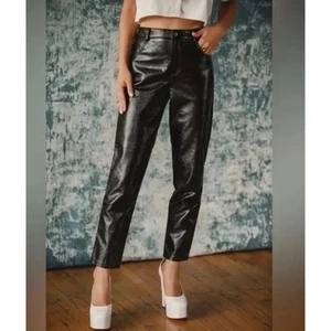 12th Tribe Shiloh Black Faux Shine Leather High Rise Straight Ankle Pants Medium - Picture 1 of 8