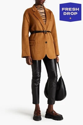 PVP €410 MAJE Abrigo Corto Jacquard Lana Talla 0 US2 XS Marrón Cinturón Foto 1 de 4