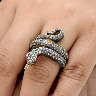 Snake Diamond Pave 925 Sterling Silver Wedding Ring 14K Gold Fine Gift Jewelry  - Image 1 of 4