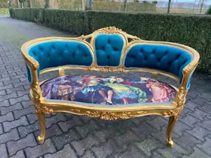 Sofa French Louis XVI Corbeille Royal Blue Velvet Scenic Fabric Antique Look - Picture 1 of 15