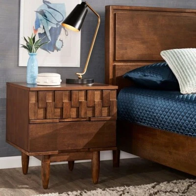 Mesita de noche moderna Mid Century con cajones 2 cajones mesa de cama madera maciza marrón Foto 1 de 4