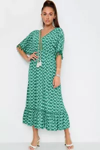 New Summer Casual Lightweight V Neck Tassel Tie Elegant Long Maxi Dress Kaftan  - Picture 1 of 56