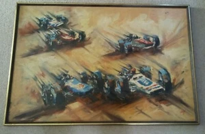 ORIGINAL PAINTING ON CANVAS~ CAR RACE (FRAMED) F.E. Weigel  - Picture 1 of 4