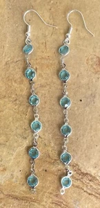 Round Blue Glass Bezel Long Dangle Drop Earrings Boho Sterling Silver Ear Hooks - Picture 1 of 6