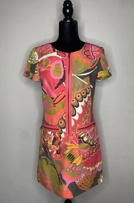 Vestido Trina Turk Retro Estilo Años 70 Para Mujer Talla 0 Rosa Marrón Floral Seda Lino Foto 1 de 4