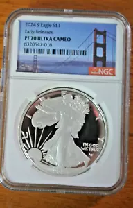 2024 S Silver American Eagle NGC PF70 Ultra Cameo GOLDEN GATE LABEL - Picture 1 of 6