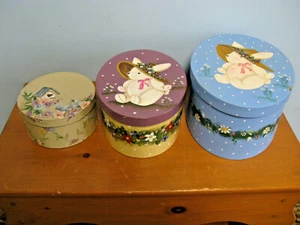 TOLE FRIENDS BUNNY OVAL 10" & 8.75" ROUND 6" CARDBOARD HAND PAINTED MEMORY BOXES - Picture 1 of 4