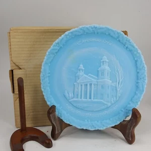 Fenton Christmas No. 3 1972 Plate Blue Satin Glass The Two Horned Church XCHF1 - Picture 1 of 10