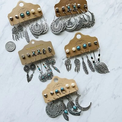 Bohemian Western Moon Feather Arrow Earrings Set Boho Native Turquoise 6 Pairs - Image 1 of 4