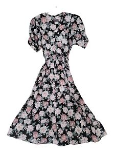 Vintage Tina Barrie Floral Dress Button Front Size 10 Short Sleeve Tie Back NEW