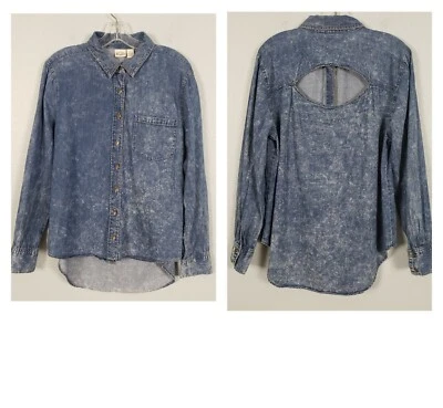 Camisa MUDD lavada com ácido recorte costas bainha alta baixa botão para baixo tamanho XL denim faroeste - Imagem 1 de 4