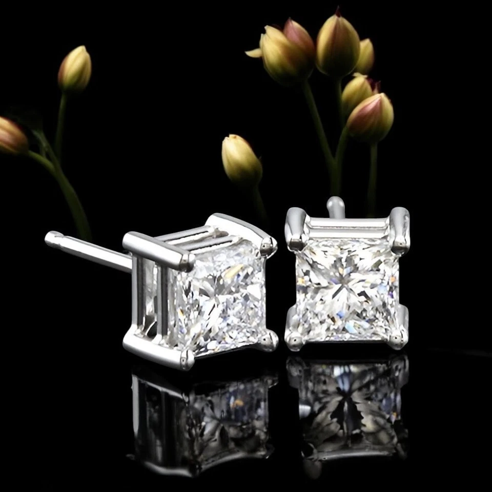 Women Studs Earring Diamond Princess Cut Lab Grown 2 Carat 18k White Gold - Image 1 of 4