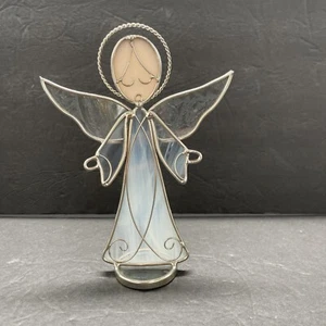Vintage Stained Slag Glass Angel Suncatcher Figurine Pink Blue Glass 7” T x 5” - Picture 1 of 6