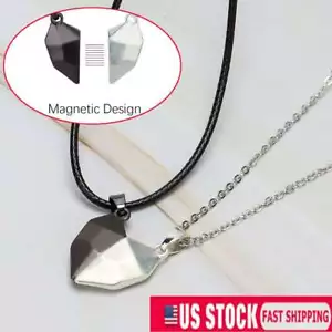 2pc Magnetic Couple Heart Matching Pendant Distance Faceted Charm Lover Necklace - Picture 1 of 14