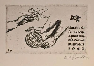 Mihály Bajusz Neujahrsgrafik Friedenstaube Budapest Original Radierung 1962 - Bild 1 von 2