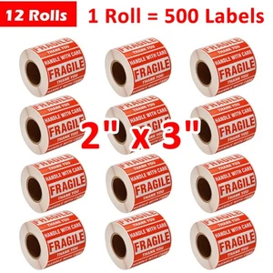 12 rollos de pegatinas frágiles de 2"x3" mango con advertencia de cuidado etiquetas frágiles 500/rollo - Imagen 1 de 6