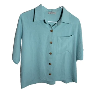 Paper Crane Shirt Damen mittelblau Knopfleiste Kurzarm Kragen kastig Oberteil - Bild 1 von 10