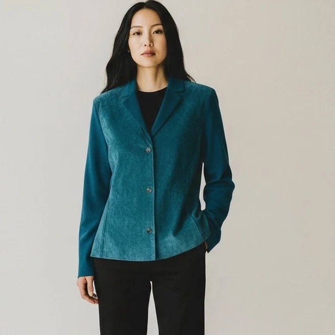 Chaqueta Blazer Para Mujer JONES NEW YORK Verde Azulado Cuero Genuino Gamuza Mediana Foto 1 de 4