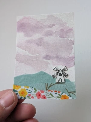 Tarjeta de arte original ACEO dibujo medios mixtos molino de viento paisaje firmado por artista  Foto 1 de 3
