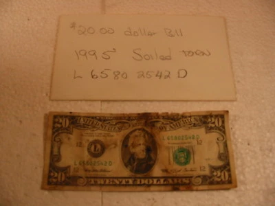 FANCY 1995 20 TWENTY DOLLAR FEDERAL RESERVE NOTE L 65802542 D LUCKY DATE SOILED - Image 1 of 2