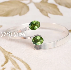 Faceted Peridot Gemstone 925 Sterling Silver Bangle Bracelet For Occasion Wear - Picture 1 of 4