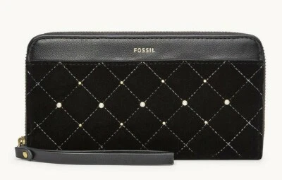 全新 Fossil Jori 拉链手拿包 RFID 钱包 天鹅绒 带皮革 黑色 — 第 1/2 张图片