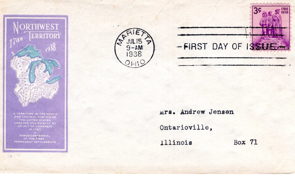 1938 #837 NORTHWEST TERRITORY FDC IOOR CACHET IN PURPLE & GREEN TO ONTARIOVL. IL - Image 1 of 1