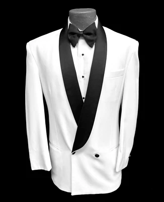 Men's Vintage 54R White Tuxedo Jacket Double Breasted Black Shawl Lapel USA Made - Image 1 of 4