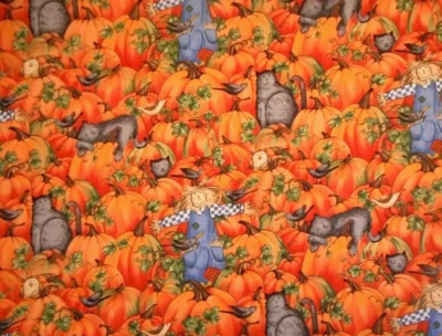 Autumn Fabric 2/3 Yard Orange Pumpkins Scarecrows Birds Cats Premium Cotton Vtg - Image 1 of 2