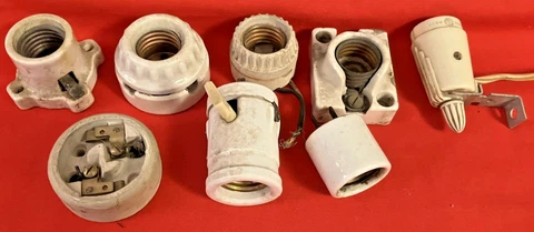 Lot of 8 Antique Porcelain/Plastic Pendant Canopy Light Fixture Parts Switches Cover