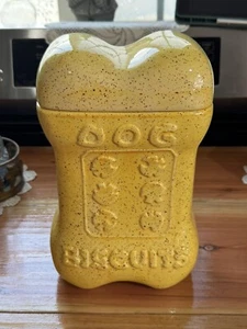 Dog Biscuits Bone Shape Treat Cookie Jar Yellow Speckled Stoneware 10" Ceramic - Picture 1 of 10