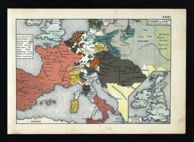 1873 Labberton Map Europe in 1748 Peace of Aix la Charpelle France Holland Italy - Image 1 of 3