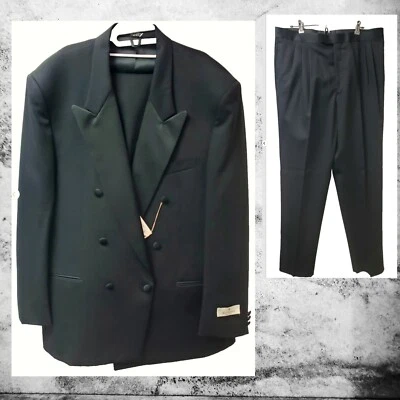 NOVO COM ETIQUETAS *ANTIGO~Terno smoking masculino Bill Blass preto 100% lã pura peito duplo~46R - Imagem 1 de 4