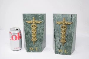Green Marble & Brass Bookends Caduceus Medical Doctor Physician - Weight Loss - Picture 1 of 8