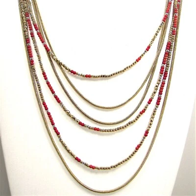 Collar Lucky Brand Oro Rojo Plata Cuentas Capas Tono Dorado Metal Serpiente Cadenas Foto 1 de 4