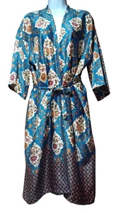 Rizky 100% Silk Kimono Robe OS Teal Orange Floral Scroll Boho Batik Eclectic - Picture 1 of 6