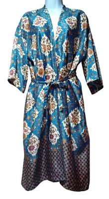 Rizky 100% Silk Kimono Robe OS Teal Orange Floral Scroll Boho Batik Eclectic - Image 1 of 4