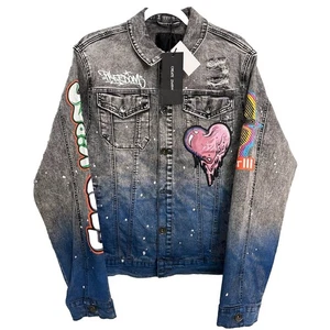Create 2MRW Jean Denim Jacket  Size L Distressed Vinyl Print Painted Patch New - Picture 1 of 22