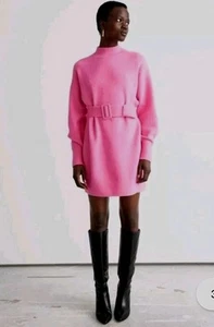 NWT & Other Stories Pink Belted Mini Knit Wool Sweater Dress Sz L Paris Texas - Picture 1 of 7