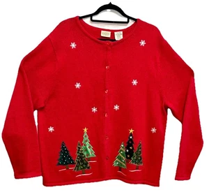Vintage Classic Elements Cardigan Sweater Womens 20-22 Red Christmas Trees Snow - Picture 1 of 8