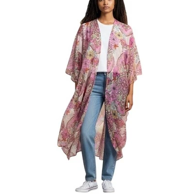 Plumero Kimono Rosa Transparente Estampado Floral Paisley Festival Bohemio Encubrimiento Foto 1 de 4