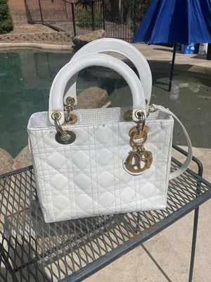 Dior Lady Dior Patent Zip Closure Shoulder Bag White Leather - Image 1 of 4