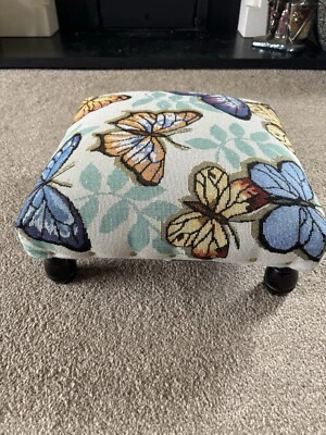 Vintage Low Square Butterfly Themed Upholstered Footstool/Wooden   - Image 1 of 4