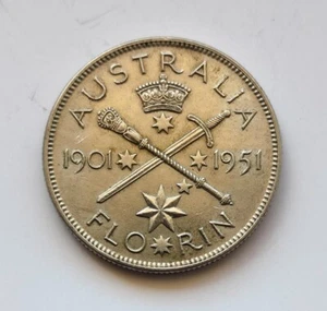 1951 Florin Coin - 50 Years of Federation - Predecimal George VI - 50% Silver - Picture 1 of 2