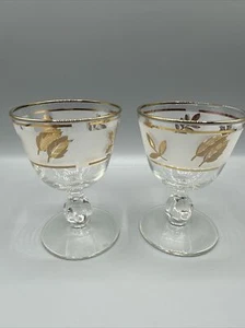 Vintage Libbey Frosted Gold Leaf Cordial Small Glasses Footed Foliage Set/2 - Picture 1 of 12