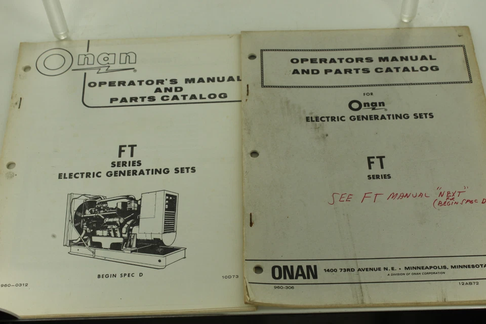 Vintage ONAN FT Series Generator GenSet Operators Manual & Parts Catalog - Image 1 of 1