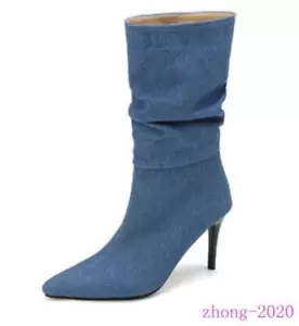 Womens Denim Slouch Pointed Toe Stiletto Heel Mid Calf Boots Casual Outdoor Club - Picture 1 of 10