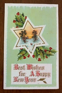 Vtg. New Year Postcard of Holly Around a Star Shape Framing A Snowy Scene - 32C - Picture 1 of 4